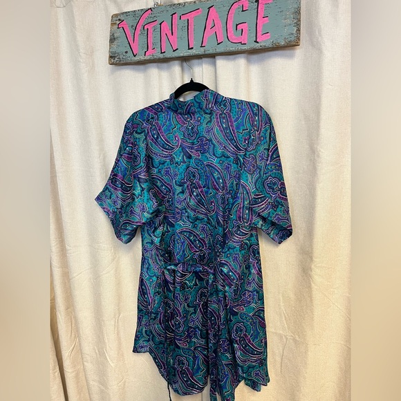Vintage 90s Teal Purple Floral Paisley Silky Colorful Kimono Robe - Picture 7 of 12